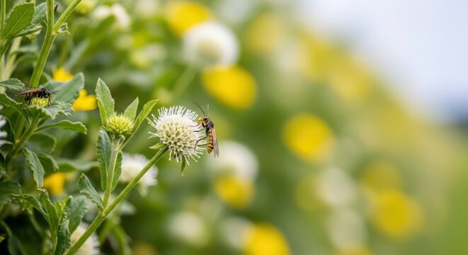 Intricate macro shot of a wasp collecting nectar from a fuzzy white flower with a bokeh background
