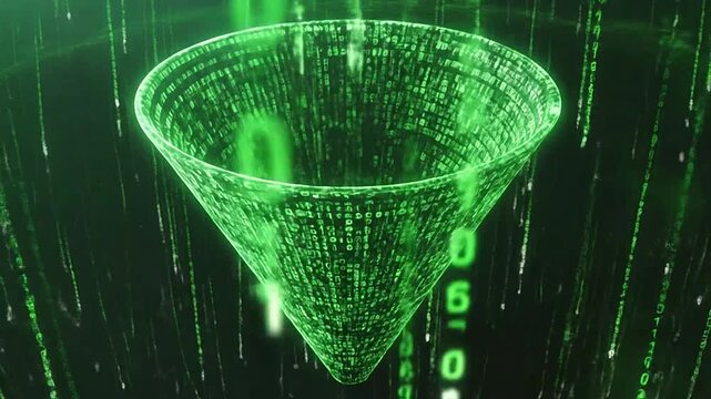 A glowing digital funnel made of binary code in cyberspace