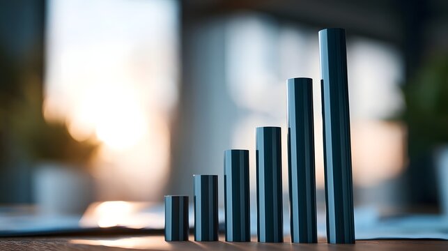 Abstract vertical bar charts create a conceptual representation of growth and business success illuminated by soft daylight