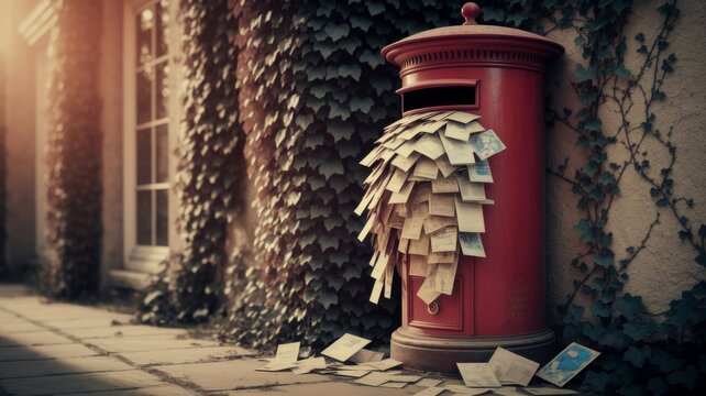 Vintage red post box overflowing with letters in ivy covered courtyard