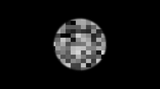 Circular Pixelated Censored Blur Shape on Chroma Key, distorted mosaic noise video, Mosaic Blur Censored Pixel Animation with Black and White, on Transparent black Screen background. 4k video