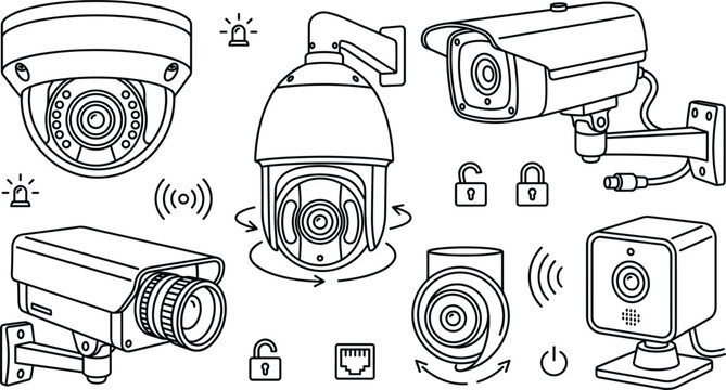 Security CCTV camera and video surveillance vector line icons set featuring dome ptz bullet home protection system elements