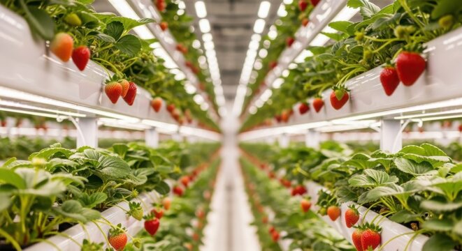 Rows of ripe strawberries growing under artificial lights in a modern vertical farm showcasing sustainable agriculture.