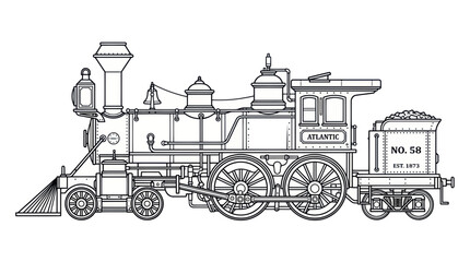 Vintage Steam Locomotive, Retro Train Illustration, Black and White Line Art © Yunan