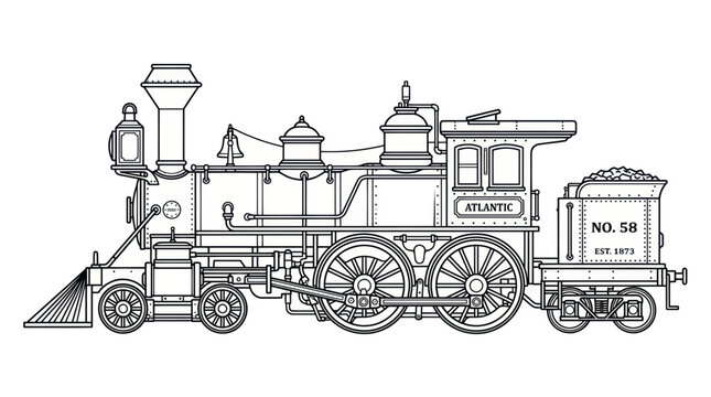 Vintage Steam Locomotive, Retro Train Illustration, Black and White Line Art