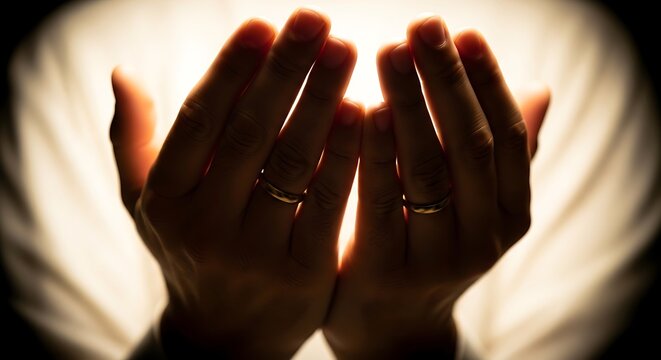 Hands cupped in prayer to receive blessings in a warm backlit atmosphere