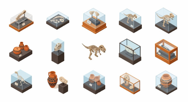 Collection of museum exhibits displayed in glass cases, including dinosaur skeletons, ancient pottery, and fossils.