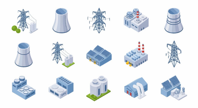 Collection of isometric industrial power generation and energy infrastructure icons.