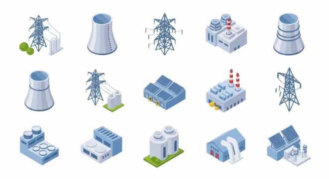 Collection of isometric industrial power generation and energy infrastructure icons.