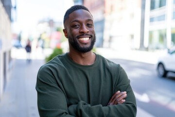 Fototapeta premium The man smiling confidently with folded arms on a bright urban street