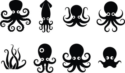 Collection of black silhouette octopus and squid icons on white background Keywords: octopus, squid, cephalopod, marine life, sea © Gibon
