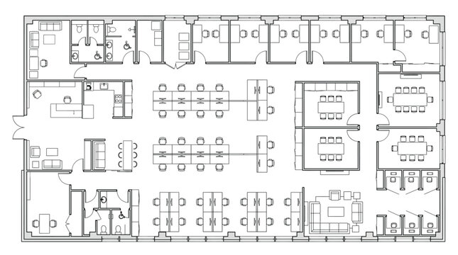 Office floor plan with meeting rooms and workstations