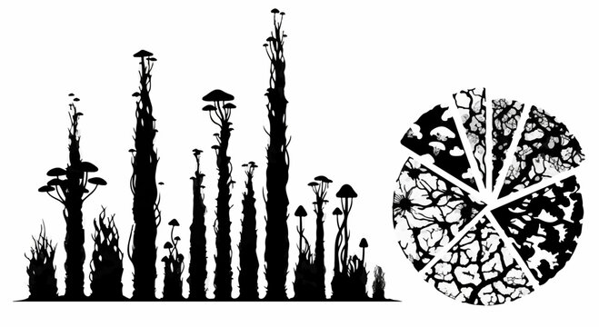 Abstract silhouette of a surreal, alien forest with unusual plant life under a strange sky.
