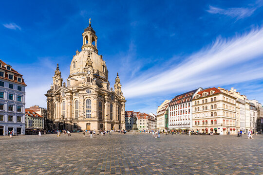 Germany, Saxony, Dresden, Neumarkt square with historic Frauenkirche church in background