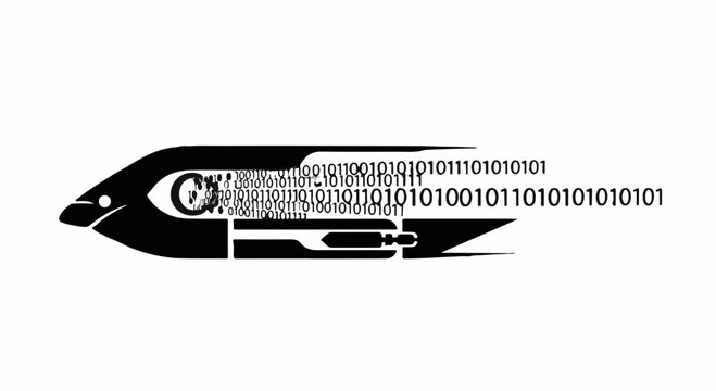 Digital eye within a stylized fish silhouette, symbolizing data flow and information.
