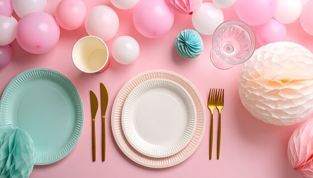 Pink table setting with gold utensils.