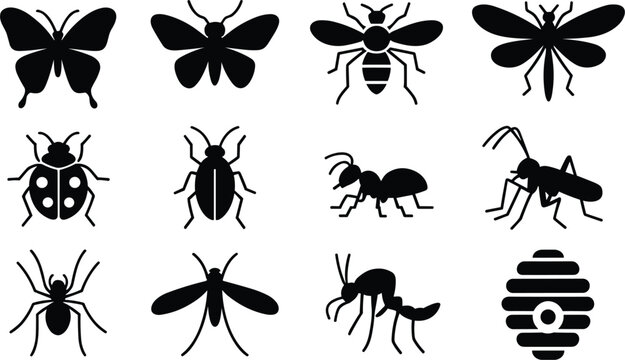 Collection of black insect silhouettes including butterflies bees ants and spiders butterfly