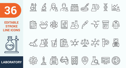 Laboratory icon set. Containing experiment, test tube, microscope, flask, chemical, biology, research, lab and more. Outline Icon Collection. Editable stroke. Vector illustration © MuhammedMustafizur