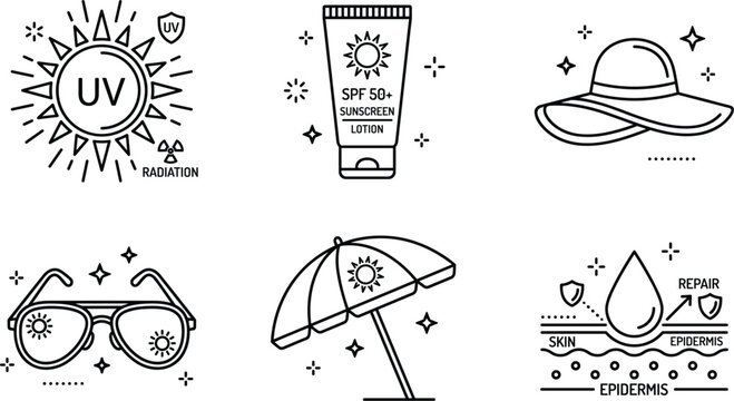 Sun protection and skin care line art vector set with uv radiation sunblock lotion beach umbrella sunglasses hat epidermis repair