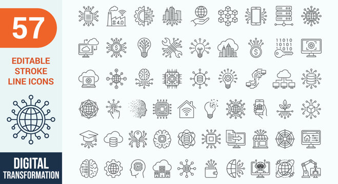 Digital Transformation line editable icon set. Contain icons related to digitalization, digital services, internet, cloud computing, technology, and more. Editable stroke, Vector illustration