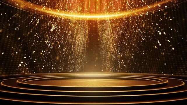 Golden Particle luxury display stage podium sparkle glow light. Empty spotlight beams Stage Luxury Award Birthday Event Premium Celebration Invitation. ceremony, winner, grand prize special sale. Gold