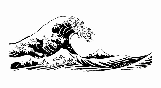Powerful ocean wave cresting with distant mountain under white sky
