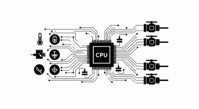 Central processing unit with integrated circuits and sensor icons representing smart technology