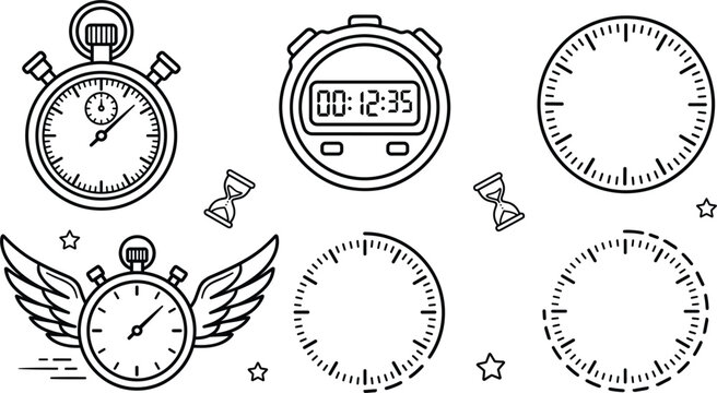 Time tracking and speed line art vector elements set featuring digital stopwatch mechanical timer flying clock dial ticks
