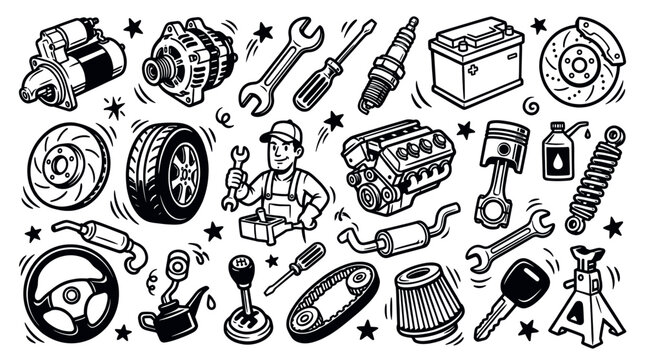 Comprehensive collection of various car parts and mechanic tools in a black and white cartoon style illustration