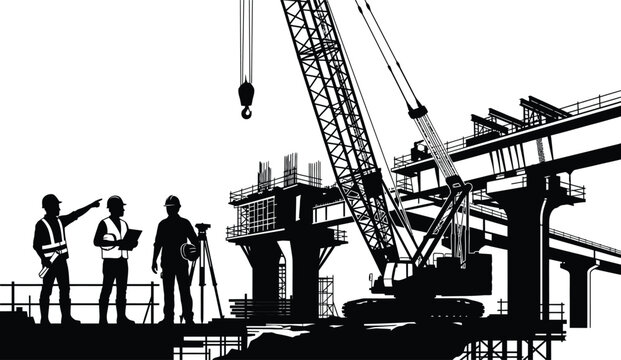 Silhouette of engineers and surveyors inspecting bridge infrastructure construction site with heavy machinery crane for civil engineering urban development project