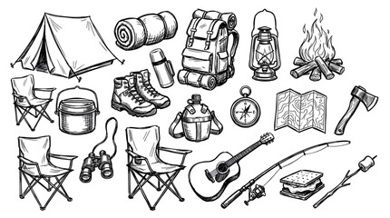 Obraz premium Various hand-drawn camping and hiking equipment items are neatly arranged on a clean white background, creating a detailed outdoor adventure illustration