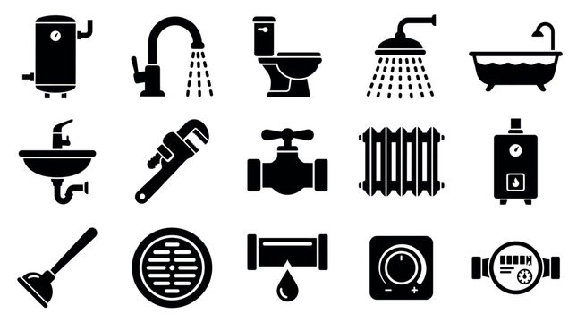 Comprehensive collection of black plumbing and heating icons arranged neatly on a clean white background, representing various household systems