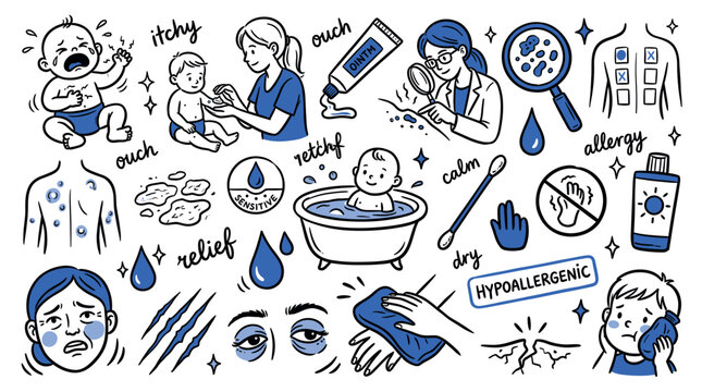 Various hand-drawn blue and black line art icons illustrate common skin conditions, treatments, and relief on a clean white background