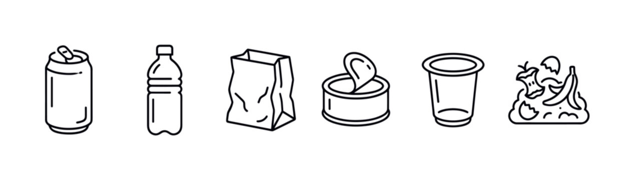 Various black outline icons depicting different types of waste, including plastic, metal, paper, and organic refuse, against a clean white background