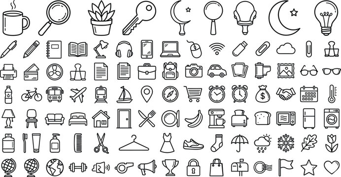 Universal everyday life miscellaneous line art vector icons mega collection featuring business home travel electronics food and weather