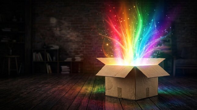 Magical rainbow light exploding from an open cardboard box in a dark, rustic room