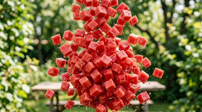 Fresh watermelon cubes exploding in mid-air outdoors with a blurred background of trees and a table