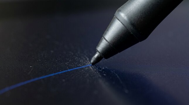 Close up of a digital stylus pen drawing a blue line on a dark screen, showcasing technology and precision