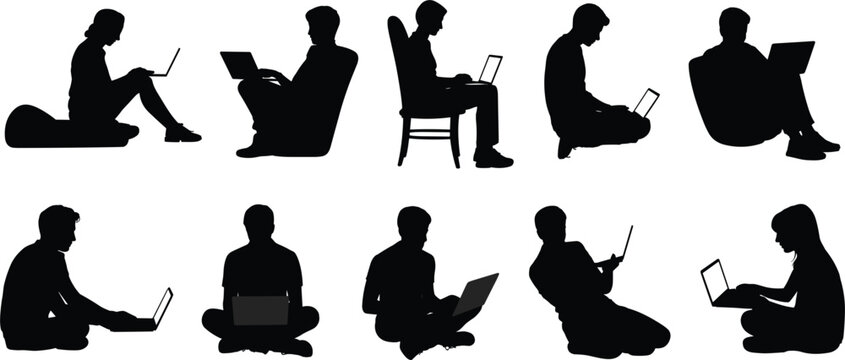 Silhouettes of people using laptops in various seated and reclining positions Keywords: silhouette, person, people, laptop