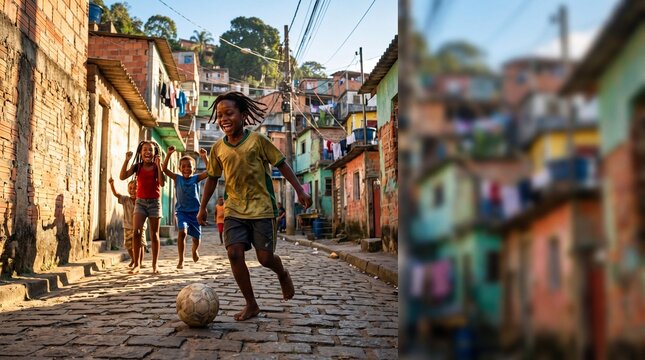 Happy Children Playing Soccer in a Narrow Favela Street at Sunset