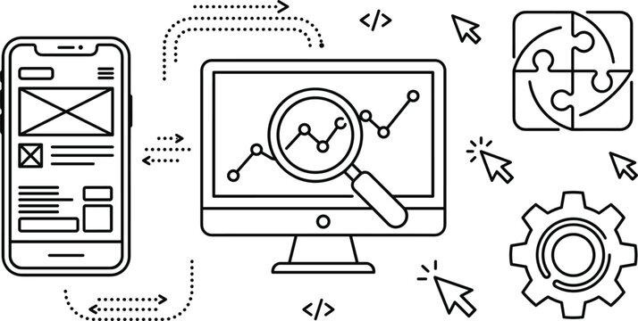 Web development and data analysis doodle vector set with computer monitor mobile app wireframe gear and puzzle icon