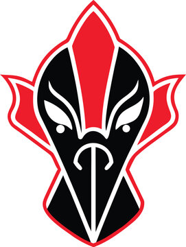 A menacing red and black stylized alien head or futuristic tribal mask with sharp features and a powerful dark presence