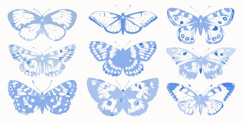 Blue butterflies collection vector illustration with textured wings on white background © Rita