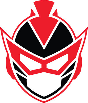 A sleek red and black superhero headgear emblem with a smooth rounded top and a wide visor design for modern characters and brands