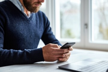 Fototapeta premium The Smartphone in Hands of Bearded Man at Bright Home Office Desk