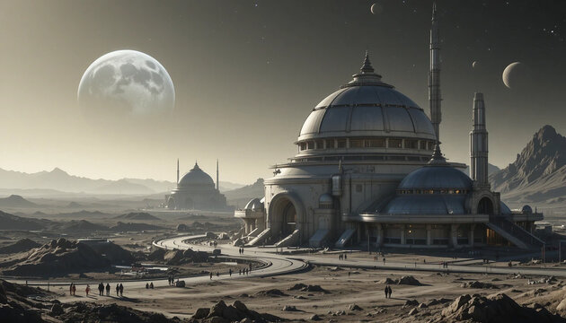 A modern city on the Moon, giant observation domes, Earth visible in the sky, advanced lunar transportation, ultra-detailed realism.
