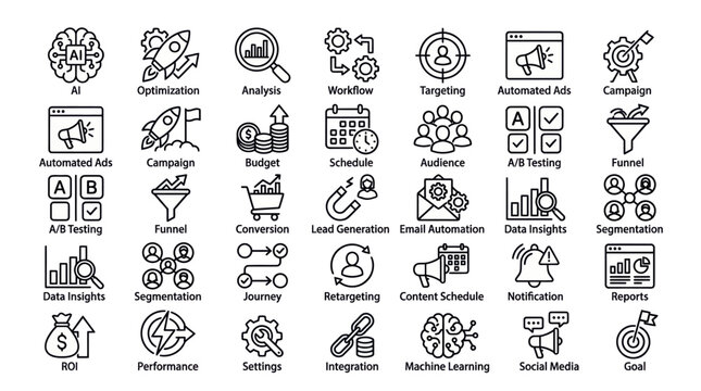Collection of marketing automation and optimization icons