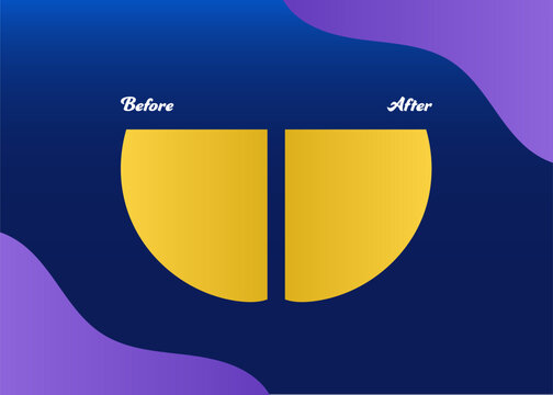 Before and after comparison split screen layout template with yellow semi circles, comparison