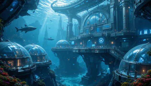 A futuristic underwater city with transparent domes, marine life swimming nearby, advanced technology, blue glowing lights, sci-fi masterpiece.
