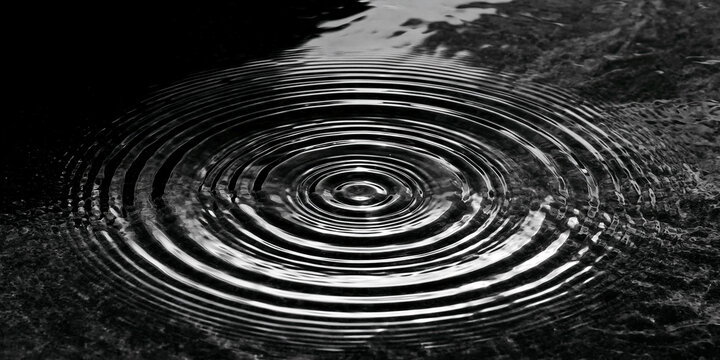Abstract black and white macro style image of concentric water ripples and drops on a dark textured surface